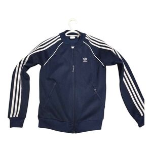 Adidas Navy Blue Track Jacket With Zip Pockets Sleeve Stripes And Logo Sz xs